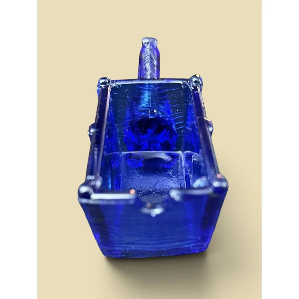 Vintage Jeannette Cobalt Blue Glass Donkey & Wood-Grain Wagon Figurine Rare Mini